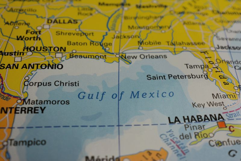 A globe map showing the gulf of mexico