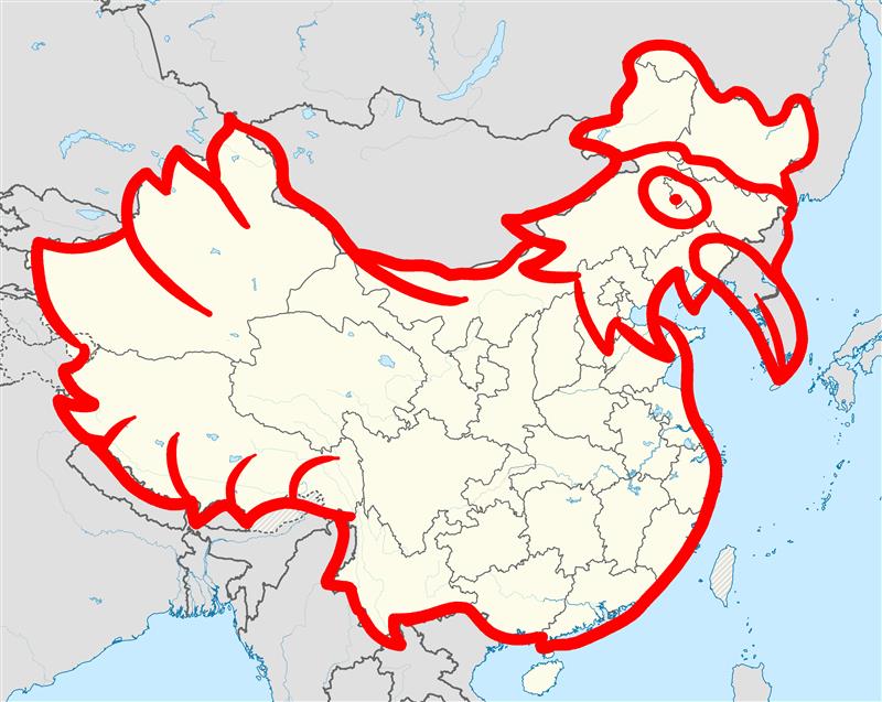 A map of China with a drawing of a chicken superimposed on top