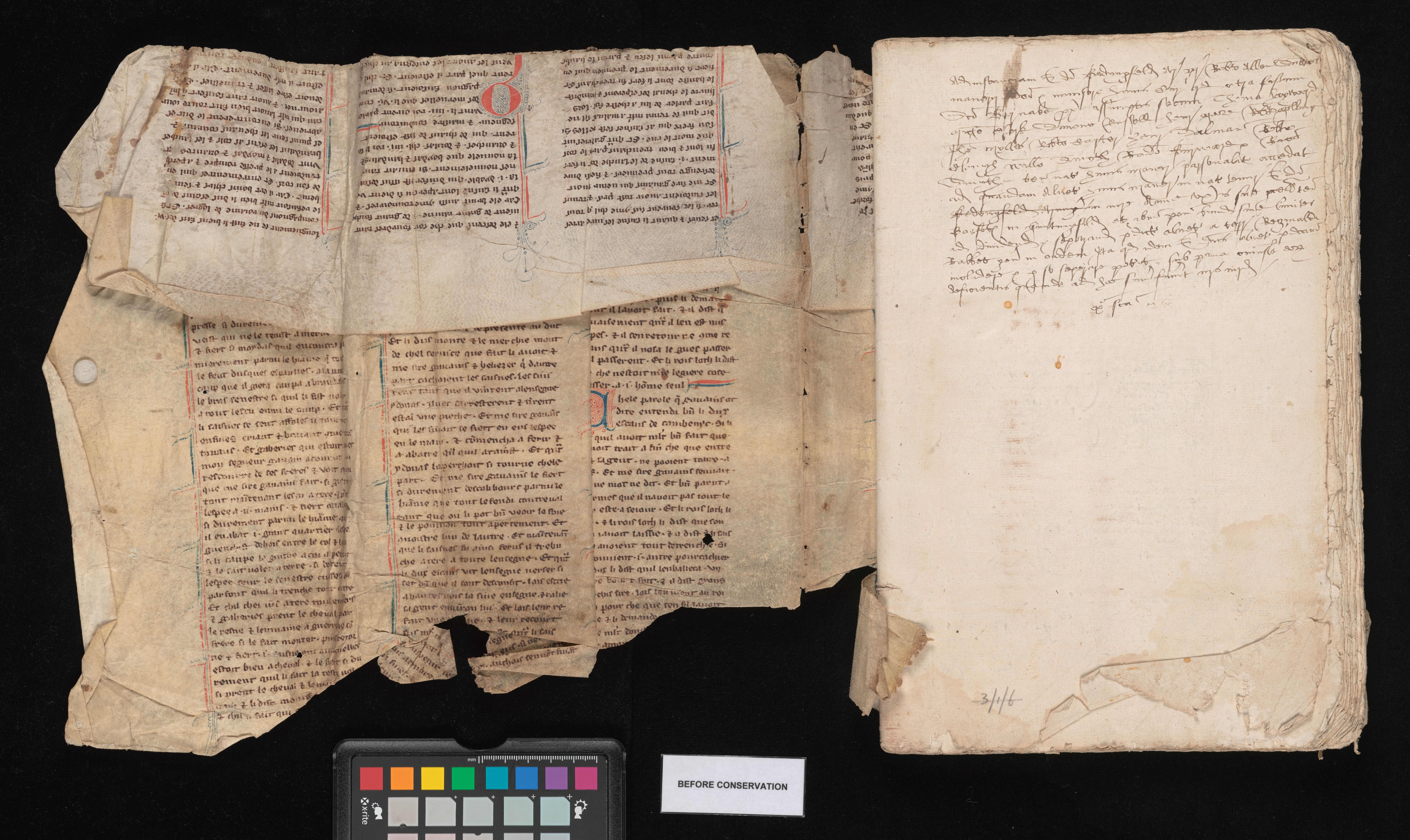 A photo of the folded manuscript (on the left) attached to the book it became the binding for (on the right). The manuscript is folded in two places, showing how the columns of tight medieval text were arranged on the page. The text is interspersed with characteristic illuminated capital letters of medieval script. The book on the right has a paragraph of scratchy handwriting at the top of the first page. The rest of the document is closed but you can see the rough edges of the paper it contains.