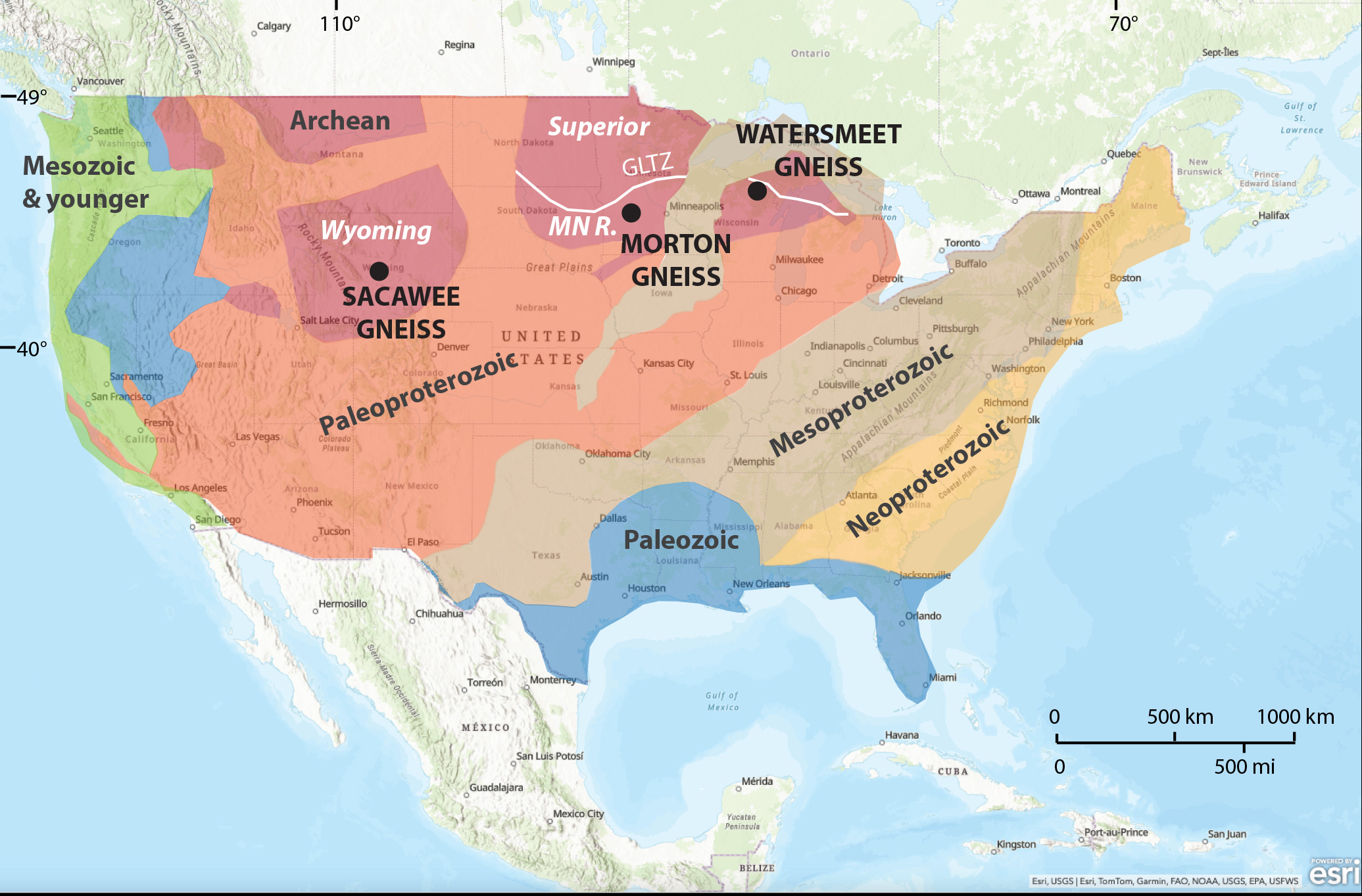 The ages of America's basement rocks, with red being the oldest. Notice how the authors stopped the map at the borders? The ages of America's basement rocks, with red being the oldest. Notice how the authors stopped the map at the borders?