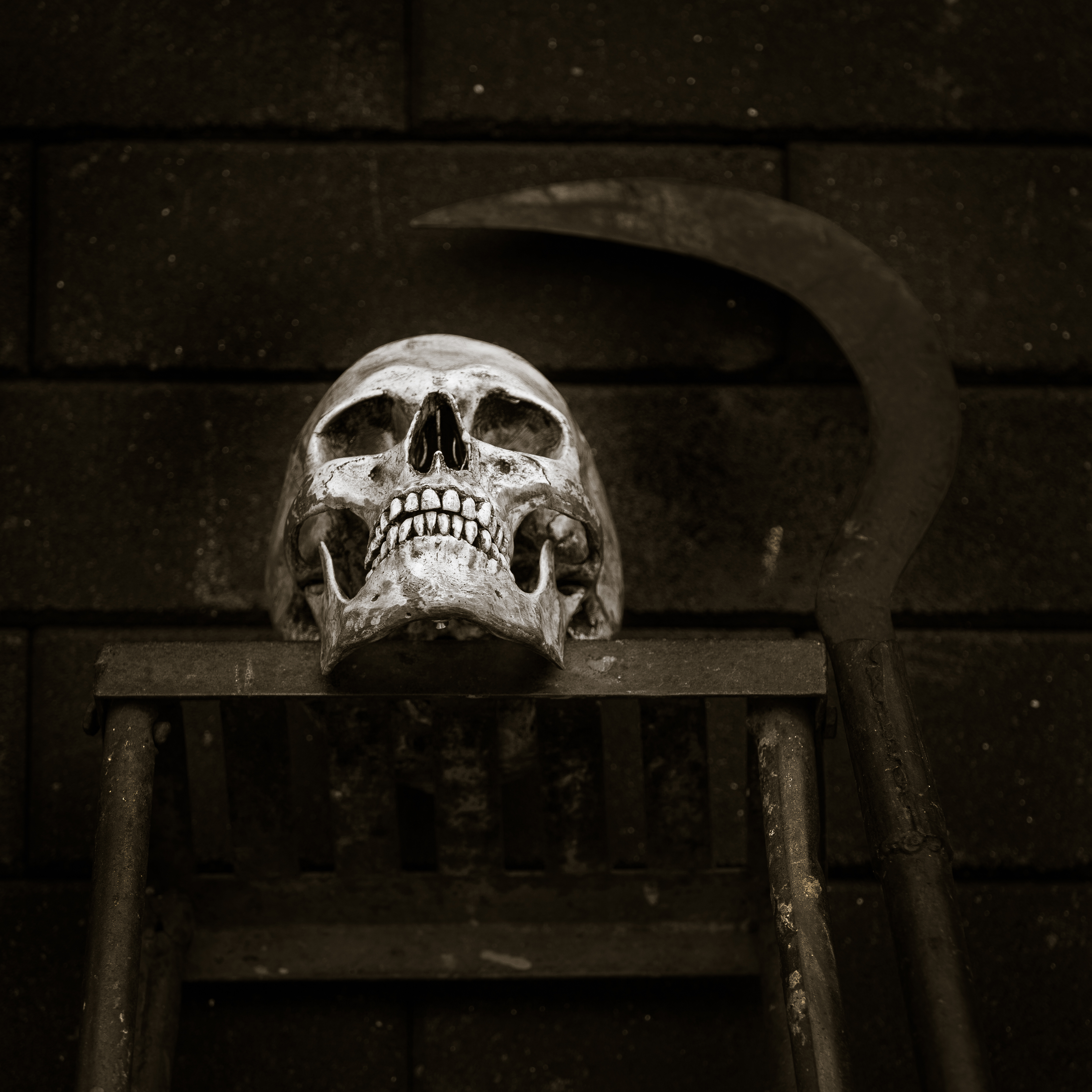 Skull on a stool with a sickle resting against a wall