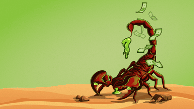 Illustration of a scorpion dripping venom into a question mark shape from its stinger tail while dollar bills flutter to the groudn around it 
