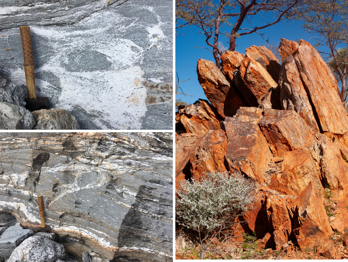 Magma melt incorporating sediment (“S-type” granite) from the Himalaya (left) and the discovery site of the Jack Hills zircon in Western Australia (right).