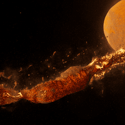 screenshot of a simulation showing an early earth releasing globs of material followiing an impact. They eventually coalsced into the Moon